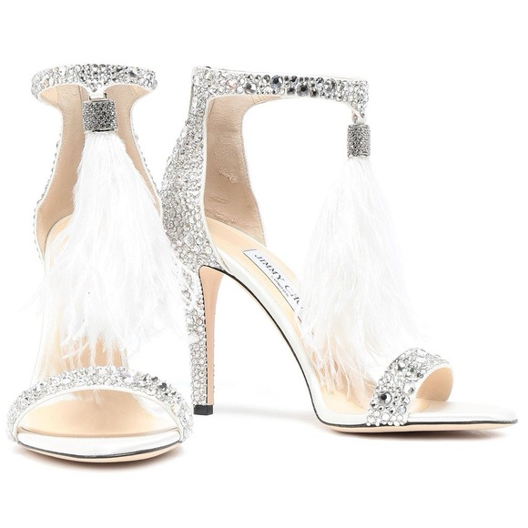 EUC JIMMY CHOO Viola Crystal Embellished feather-trimmed satin sandals $2,295 - Picture 3 of 16